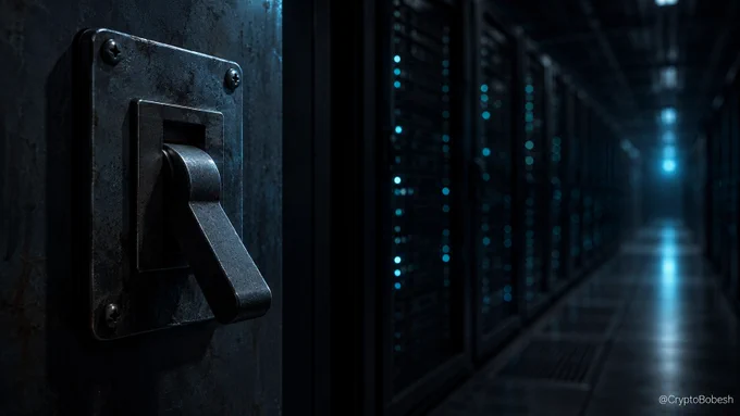 One switch cutting power to an entire server hall, the visual stand-in for how a single government order took two AI models offline worldwide, and how much sits on infrastructure you do not control.