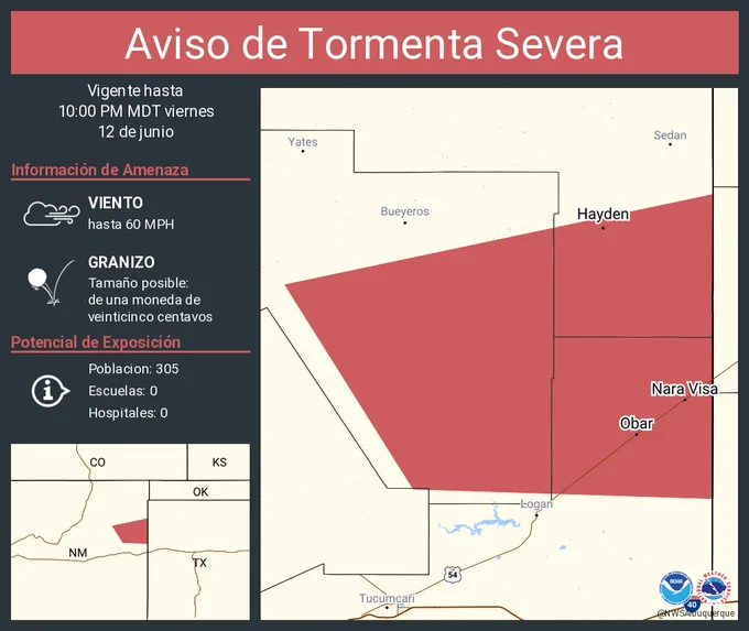 Este gráfico muestra la localización en el mapa de un aviso de tormenta severa. El aviso estará en efecto hasta las 10:00 PM MDT. El aviso incluye a Nara Visa NM, Obar NM, Amistad NM. El aviso incluye el noreste del condado de Quay en el este centro de New Mexico, el sureste del condado de Harding en el noreste de New Mexico y el sureste del condado de Union en el noreste de New Mexico. Las amenazas asociadas a este aviso son: ráfagas de viento de 60 MPH y granizo del tamaño de una moneda de veinticinco centavos. Hay 305 personas bajo este aviso incluyendo 0 escuelas y 0 hospitales.