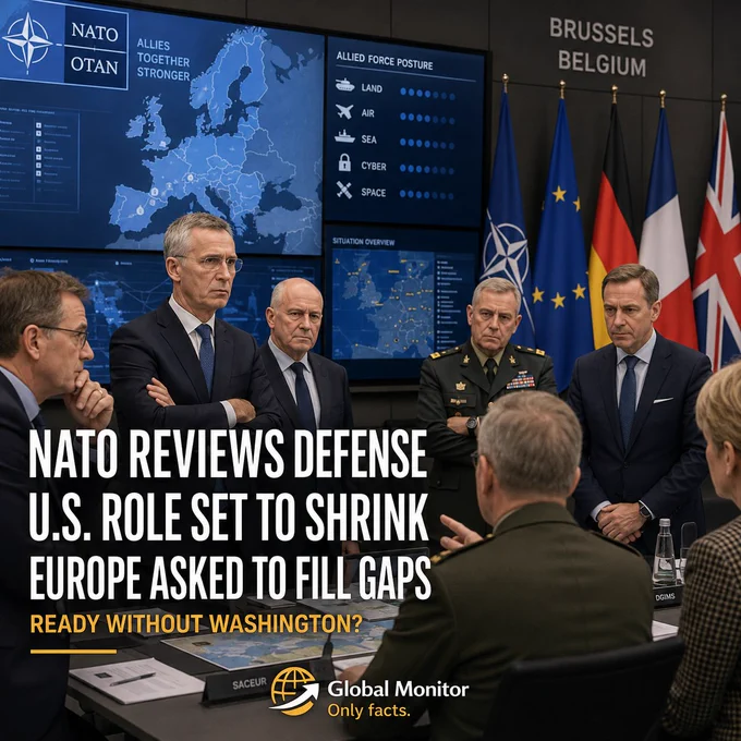 NATO and European defense officials are seated in a formal briefing room, with maps and alliance flags visible in the background.