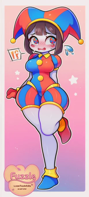 Digital anime-style illustration of a cute, stylized jester character with a multi-colored red-and-blue jester hat and matching outfit. The character has a flushed, embarrassed expression, with a sweat drop effect and a small speech bubble containing an exclamation mark and question mark. The background is a soft, warm pink gradient with star accents. The art style is vibrant, clean, and cel-shaded