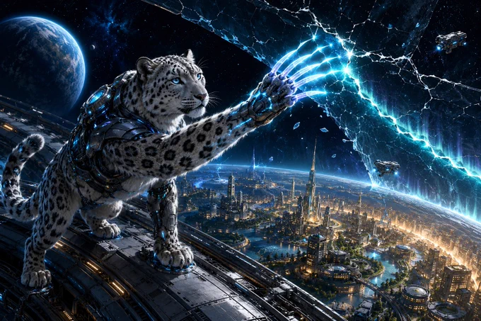 A powerful cybernetic snow leopard stands on the exterior structure of a vast orbital habitat above a glowing futuristic city. The leopard has silver-white fur, dark rosettes, blue eyes, graphite armor, and luminous cyan cybernetic details. It stretches one armored forepaw toward a fractured atmospheric shield, using five bright blue-white energy claws to seal the rupture across the stars. A blue planet, two maintenance craft, floating shield fragments, and the warm illuminated city below create a dramatic scene of strength, precision, and protection.