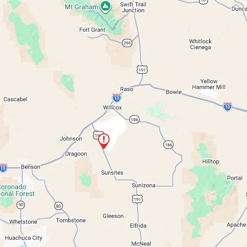 A caution symbol is shown on US 191 near Cochise Arizona.  Other areas shown include Sunizona and Hilltop.