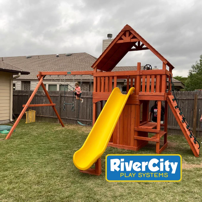 Fort Swing Set with Wood Roof and Playhouse