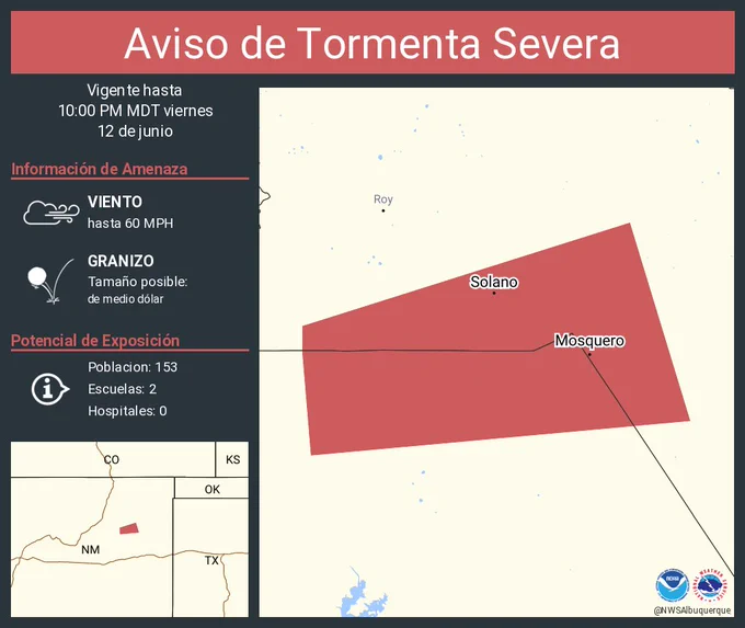 Este gráfico muestra la localización en el mapa de un aviso de tormenta severa. El aviso estará en efecto hasta las 10:00 PM MDT. El aviso incluye a Mosquero NM, Solano NM. El aviso incluye el centro del condado de Harding en el noreste de New Mexico y el noreste del condado de San Miguel en el noreste de New Mexico. Las amenazas asociadas a este aviso son: ráfagas de viento de 60 MPH y granizo del tamaño de medio dólar. Hay 153 personas bajo este aviso incluyendo 2 escuelas y 0 hospitales.