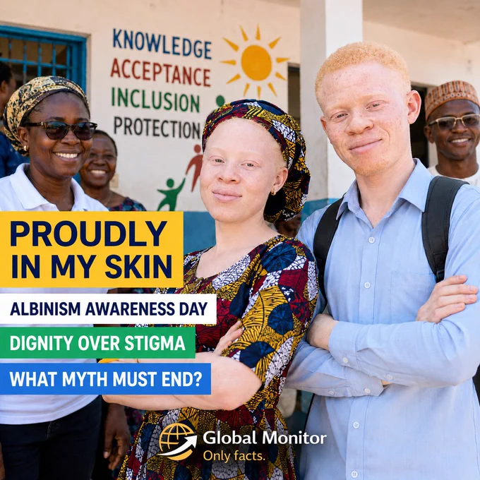 A respectful awareness image showing people with albinism represented with dignity in a bright public setting.