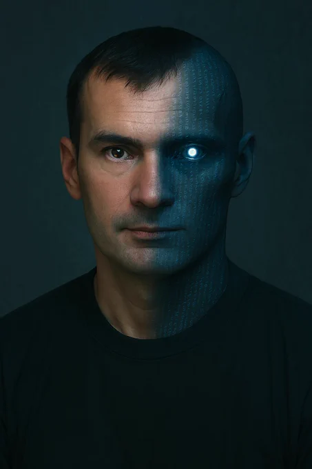  Dark portrait of a man split between human and digital — left side natural with a brown eye, right side covered in cascading code characters with a glowing white-blue eye. Black t-shirt, dark background. The boundary between biological and artificial runs down the center of his face.