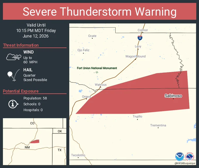 This graphic displays a severe thunderstorm warning plotted on a map. The warning is in effect until 10:15 PM MDT. The warning includes Sabinoso NM.  This warning is for West Central Harding County in northeastern New Mexico, Southeastern Mora County in northeastern New Mexico and North Central San Miguel County in northeastern New Mexico. The threats associated with this warning are wind gusts up to 60 MPH and quarter sized hail. There are 58 people in the warning along with 0 schools and 0 hospitals.