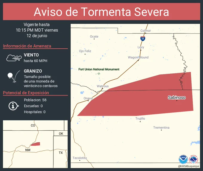 Este gráfico muestra la localización en el mapa de un aviso de tormenta severa. El aviso estará en efecto hasta las 10:15 PM MDT. El aviso incluye a Sabinoso NM. El aviso incluye el oeste centro del condado de Harding en el noreste de New Mexico, el sureste del condado de Mora en el noreste de New Mexico y el norte centro del condado de San Miguel en el noreste de New Mexico. Las amenazas asociadas a este aviso son: ráfagas de viento de 60 MPH y granizo del tamaño de una moneda de veinticinco centavos. Hay 58 personas bajo este aviso incluyendo 0 escuelas y 0 hospitales.