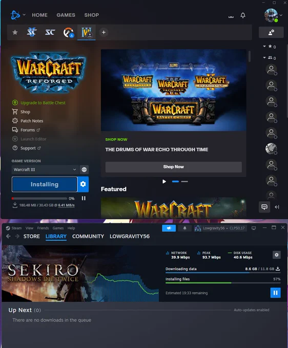 Warcraft 3 for the nostalgia and amazing story and Sekiro to test my controller skills (I will lose it)
