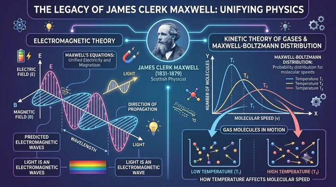 “Clean educational infographic of James Clerk Maxwell, electromagnetic waves linking electricity, magnetism and light, Maxwell-Boltzmann distribution graph with gas molecules in motion, blue-purple scientific theme, modern educational infographic style, high detail, social media ready.”