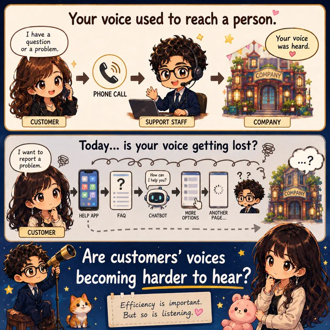 A visual comparison of customer support in the past and today.

In the past, a customer could call a company, speak with support staff, and have their voice heard.

Today, the process often involves apps, FAQs, chatbots, and multiple pages before reaching the company.

The illustration asks:

“Are customers’ voices becoming harder to hear?”

The message is not against efficiency or technology. It raises a question about balancing convenience, automation, and listening to customers.