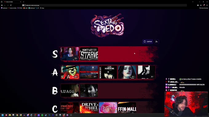 Screenshot of Cellbit's stream. His webcam is located on the bottom-right corner. The Fear Friday tierlist is open on the browser, and 'Don't Let it Starve' sits on the S tier.