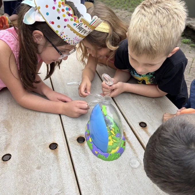 kindergarten students looking at ladybugs on a picnic