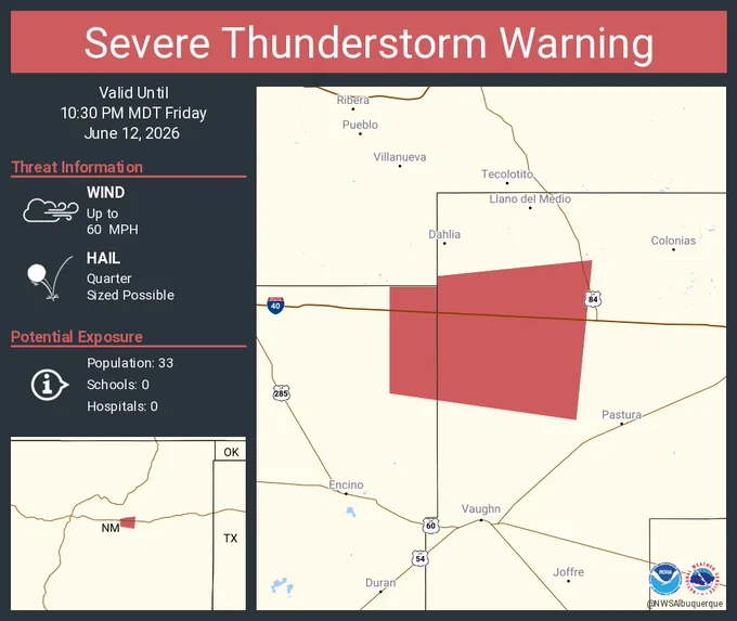 This graphic displays a severe thunderstorm warning plotted on a map. The warning is in effect until 10:30 PM MDT. The warning includes Guadalupe County, NM, Torrance County, NM.  This warning is for Northeastern Torrance County in central New Mexico and Northwestern Guadalupe County in east central New Mexico. The threats associated with this warning are wind gusts up to 60 MPH and quarter sized hail. There are 33 people in the warning along with 0 schools and 0 hospitals.