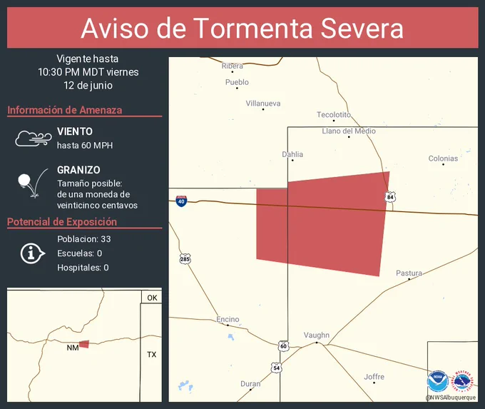 Este gráfico muestra la localización en el mapa de un aviso de tormenta severa. El aviso estará en efecto hasta las 10:30 PM MDT. El aviso incluye a Guadalupe County, NM. El aviso incluye el noreste del condado de Torrance en el centro de New Mexico y el noroeste del condado de Guadalupe en el este centro de New Mexico. Las amenazas asociadas a este aviso son: ráfagas de viento de 60 MPH y granizo del tamaño de una moneda de veinticinco centavos. Hay 33 personas bajo este aviso incluyendo 0 escuelas y 0 hospitales.