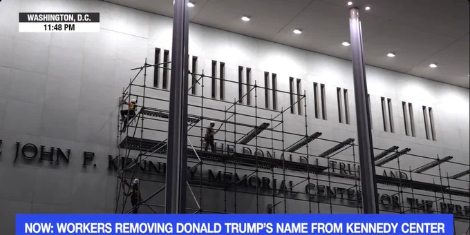 Photo of scaffolding in front of Trump's disgusting name on the Kennedy Center