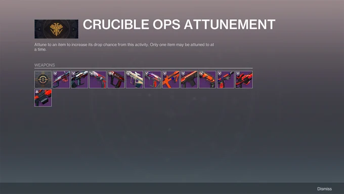 Crucible Ops Attunement page in the player's inventory.