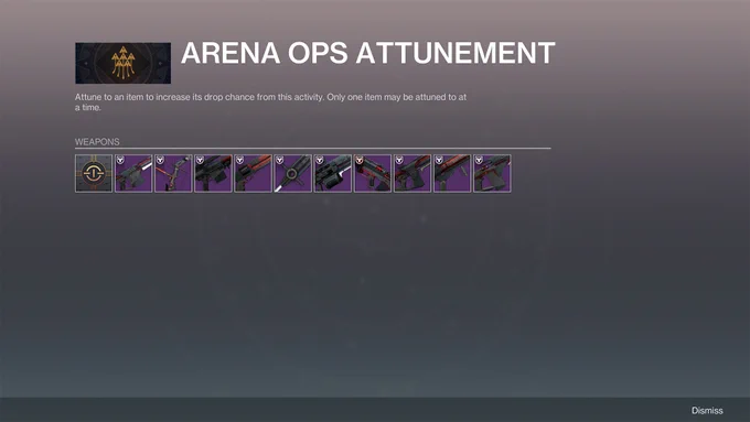 Arena Ops Attunement page in the player's inventory.