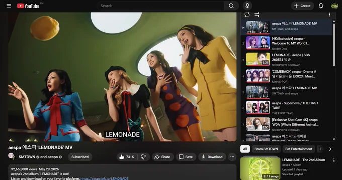 aespa Lemonade MV currently at 32.6M views; streaming using aespaintlstream's Lemonade-focus YT PL