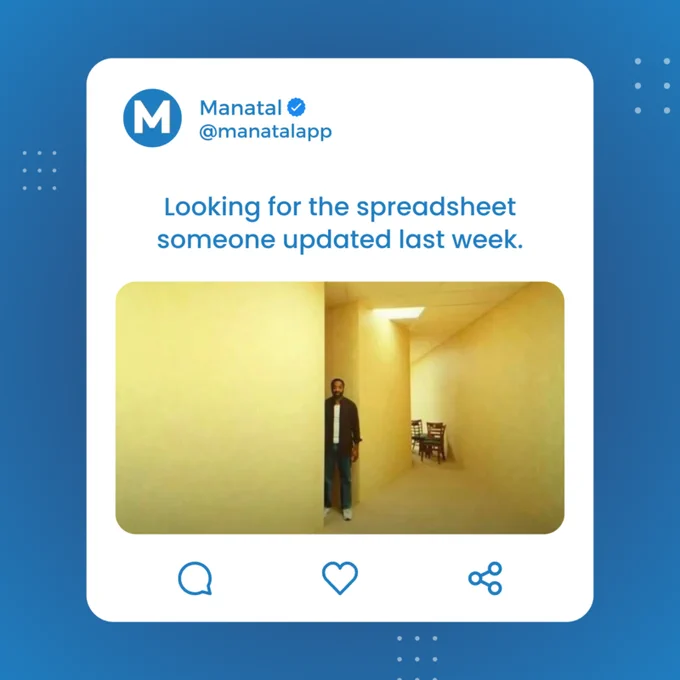 A humorous image depicting a person in a confusing hallway, accompanied by text about looking for an updated spreadsheet. The mood is light-hearted and relatable for workplace settings.