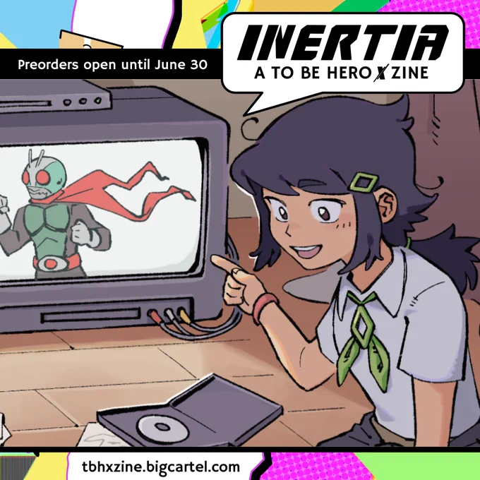 A cropped preview of a digital illustration. It features Xin Ya pointing at a TV that is currently playing Kamen Rider.