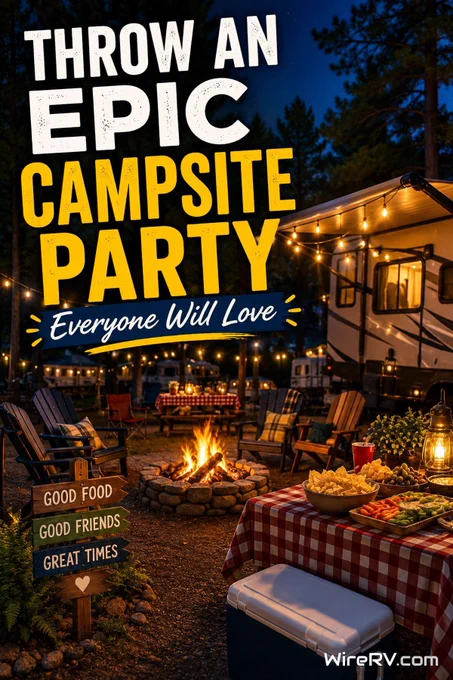 Cozy RV campsite with string lights, campfire, outdoor seating, and food for a friendly gathering.