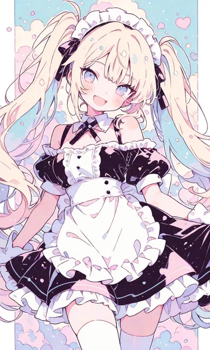 PixAI【Shiitake-Mix】girl,blonde hair, twintails, tsurime, maid, off-shoulder, maid headdress, puffy short sleeves, white gloves, white thighhighs, smile,open mouth,cowboy shot,masterpiece,high resolution,high quality, ,high-res,Yuzukastyle, pastel colors, Flatline, Flat vector illustration, Vivid colors, white thick outline, outline, Blue Inner hair color, watercolor, soft light, 