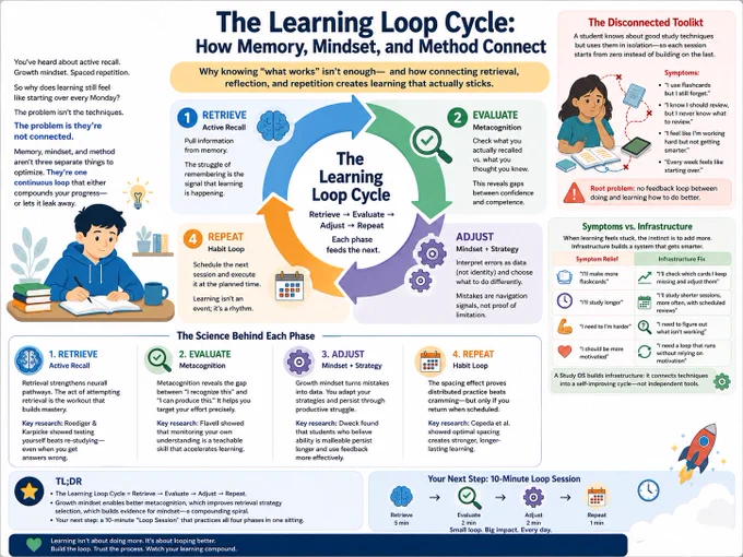 Infographic illustrating the Learning Loop Cycle framework with four connected phases: Retrieve, Evaluate, Adjust, and Repeat, showing how active recall, metacognition, growth mindset, and habit formation work together to create compounding learning progress