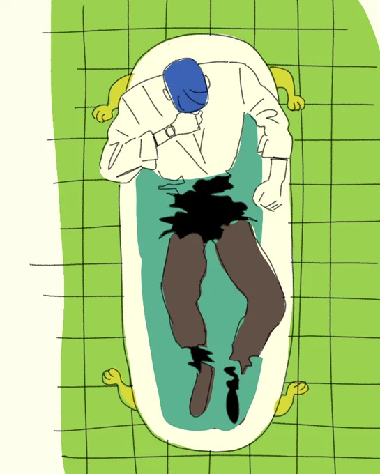 Blue man soaking in a green bath tub on green tiles.
