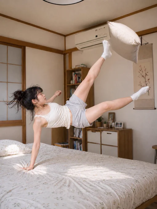 【GPT Image2プロンプト】

主題：
和室ベッドで決める空中ピローキック

人物・表情：
黒髪の若い女性、日系の自然な顔立ち、ラフなお団子ヘア、顔まわりに少し後れ毛、ナチュラルメイク、集中した横顔、視線は蹴り上げた枕の方向。

服装・ポーズ：
白の柔らかなキャミソール、ライトグレーのルームショートパンツ、白いソックス。ベッドの上で片手を強くついて体を支え、身体を横向きに浮かせたまま、片脚を真上に高く蹴り上げ、もう片脚を斜め横にまっすぐ伸ばす。空中で倒掛けキックのような動き。灰白色の枕が右上へ飛んでいる。

背景・光：
日本の寝室、畳床、低めの木製ベッド、白地に小花柄の掛け布団、障子風の引き戸、木製棚、収納チェスト、掛け軸、壁掛けエアコン。朝〜昼の柔らかな自然光、明るく清潔感のある和モダン空間。

構図・カメラ：
縦長、全身が入る引き構図、やや低めの目線、35mm、人物は左下から右上へ伸びる対角線構図。支える手、浮いた身体、伸びた両脚、飛ぶ枕を明確に見せる。布団の沈み込みとシワも自然に描写。

質感・スタイル：
リアルな写真表現、高精細、4K品質、自然な肌質、髪の細い束感、布の柔らかさ、木の質感、明るく柔らかな色調、過度な加工なし、生活感のある自然な室内写真。

ネガティブ：
低画質、不自然な顔、不自然な手、余分な指、欠けた指、歪んだ足、関節破綻、余分な手足、浮遊感が不自然、構図崩れ、背景の歪み、文字、ロゴ、透かし、過度な美肌、過度な装飾、AI特有の不自然な質感