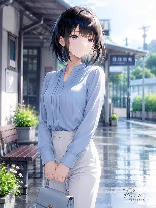 雨上がりの朝、小さな駅の前に立つ女性。淡い水色のブラウスと白いパンツが、濡れた地面に反射する朝光と重なって、画面全体に透明感をつくっている。ベンチ横の草花、遠くにぼける駅名標、手元のバッグまで静かに整っていて、出かける前の数分だけ時間がゆるむ。言葉にするほどではないけれど、また戻ってきたくなる朝。