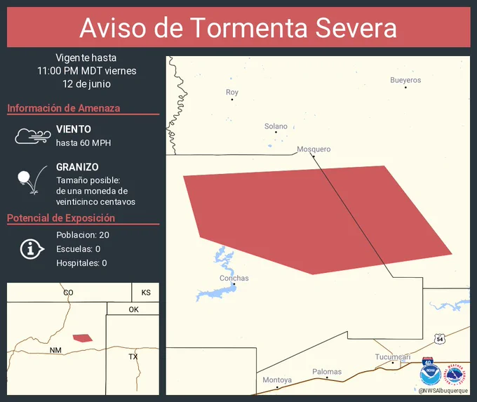 Este gráfico muestra la localización en el mapa de un aviso de tormenta severa. El aviso estará en efecto hasta las 11:00 PM MDT. El aviso incluye a San Miguel County, NM. El aviso incluye el sureste del condado de Harding en el noreste de New Mexico y el noreste del condado de San Miguel en el noreste de New Mexico. Las amenazas asociadas a este aviso son: ráfagas de viento de 60 MPH y granizo del tamaño de una moneda de veinticinco centavos. Hay 20 personas bajo este aviso incluyendo 0 escuelas y 0 hospitales.