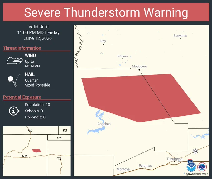 This graphic displays a severe thunderstorm warning plotted on a map. The warning is in effect until 11:00 PM MDT. The warning includes Harding County, NM, San Miguel County, NM.  This warning is for Southeastern Harding County in northeastern New Mexico and Northeastern San Miguel County in northeastern New Mexico. The threats associated with this warning are wind gusts up to 60 MPH and quarter sized hail. There are 20 people in the warning along with 0 schools and 0 hospitals.