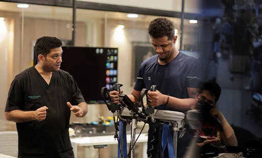 A patient participates in a robotic neurorehabilitation session with assistance from a therapist at Walk Again Rehab. The advanced rehabilitation technology is designed to support recovery after stroke, spinal cord injury, and other neurological conditions by enhancing movement and functional independence.