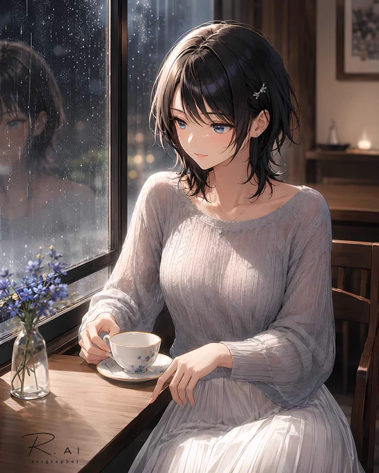 雨の降る夕方、窓際の席に黒髪の女性が座っている。透け感のある白いニットとプリーツスカートに、窓から差すやわらかな光が落ちている。テーブルには白い花柄のカップと、小瓶に挿された青い花。窓ガラスには雨粒と彼女の横顔が淡く映り、室内の灯りが奥で静かに揺れている。外を見ているのか、何かを思い出しているのかはわからない。ただ、夕方の雨音だけがその時間を少し長くしている。