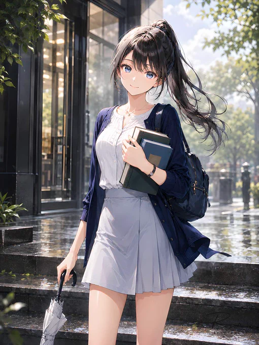 雨上がりの石段の前で、白いブラウスとプリーツスカートに紺のカーディガンを羽織った女性が、本を抱えて立っている。片手には閉じた白い傘、背中にはリュック。ガラス張りの建物と濡れた歩道、木漏れ日の反射が午後の街を明るく見せている。用事の途中に生まれた小さな寄り道が、そのまま旅の一場面のように残っていく。