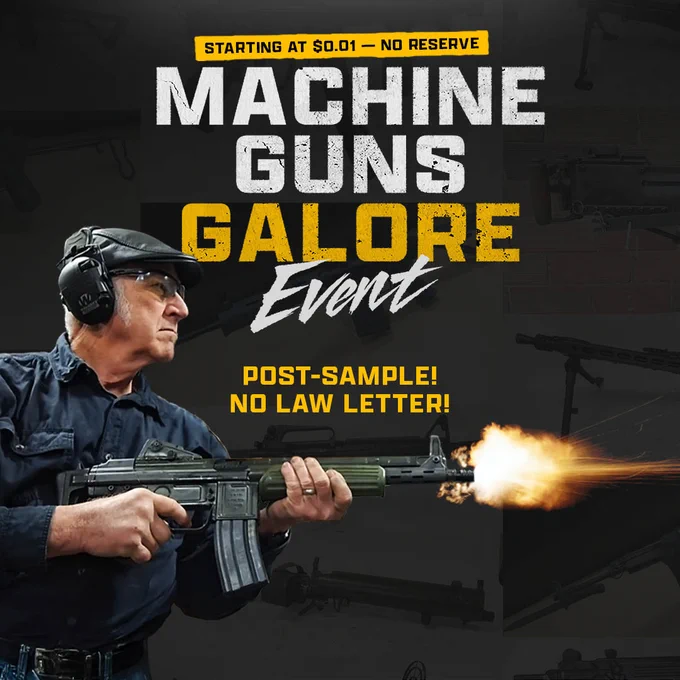🔥 A rare opportunity for FFL   SOT 02 only—Post Sample Machine Gun Event is now live, with new items added weekly through June 21.
🔥 Explore the collection: https://bit.ly/3P3TomQ
This collection comes from longtime gunsmith and builder Mike Dewitt (Range Toys), featuring a wide range of professionally built, live-fire-proven machine guns.

✔️ No law letter required
✔️ Dealer-to-dealer Form 3 transfers
✔️ Curated, high-quality post samples

Note: Open only to FFL   SOT 02 manufacturers/importers

#GunBroker #Gunsdaily