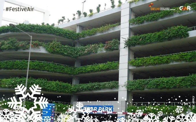 IGI Airport Terminal 2's multi-level parking stands out with vertical greenery - a rare sight in Delhi's concrete landscape.