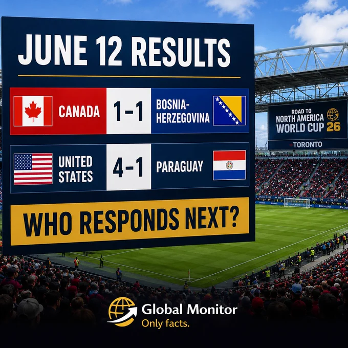 A bright World Cup results graphic showing Canada 1–1 Bosnia and Herzegovina and United States 4–1 Paraguay as the complete June 12 results.