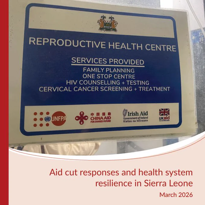Cover of the brief showing a sign in King Harman Road Hospital, Freetown, Sierra Leone where international donors' logos feature prominently, plus the title 