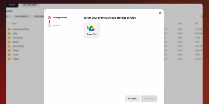 A user interface displays options for selecting Google Drive as a previous cloud storage service during file migration.