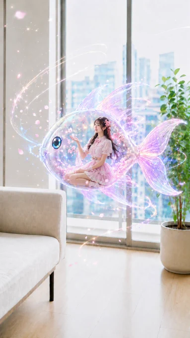 【GPT Image2プロンプト】
主題：
桜をまとう夢幻の魚

人物・表情：
透明感のある日系の若い女性。やわらかな黒髪ロング、前髪あり。桜のヘアアクセサリーをつけ、やさしく微笑みながら少し上を見つめる穏やかな表情。可愛らしく上品で、春の空気をまとった雰囲気。

服装・ポーズ：
可愛い現代日系ファッション。淡いピンクを基調にしたガーリーな夏服コーデ。フリル付きの半袖ブラウス、リボンディテール、レースのアクセント、軽やかなミニスカートまたはふんわりしたボトム、清潔感のある可愛いスタイリング。魚の中で脚を軽く折りたたんで座り、片手をふわっと上げて花びらに触れるような自然なポーズ。

魚・デザイン：
大きな透明の魚型バルーン、または夢幻的な浮遊するガラスの魚。半透明で、ガラスやオーロラのような質感。淡いピンク、ラベンダー、パールホワイト、ほんのり水色のグラデーションで、人物の服装や桜の色と調和する配色。大きく可愛い瞳、やわらかな発光、繊細で透け感のあるヒレと尾びれ。魚の周囲には光の軌跡、きらめく粒子、ふわっとした移動ライン、淡いエフェクトのリングを加え、泳ぐように空中を移動している印象にする。桜の花びらが魚の中と外に舞っている。

背景・光：
明るい現代的な室内。大きな窓のあるミニマルなリビング、淡い木の床、白い壁、やさしい自然光。左側にベージュのソファ、右側に観葉植物。窓の外には少しぼけた都市の景色。全体は春の午後のようなやわらかい空気感。

構図・カメラ：
縦長構図。魚は画面中央やや右寄りに浮かび、左下にソファ、右側に植物を入れる。人物と魚が主役としてしっかり見えるようにする。自然な遠近感、柔らかな背景ぼけ、雑誌写真のような整った画面。動きのある光の軌跡が魚の周囲を大きく弧を描く構図。

質感・スタイル：
高精細、4K品質、写真風AI画像、幻想的で透明感のある仕上がり。リアルな室内写真に、夢のようなファンタジー要素を自然に融合。パステルカラー中心、春らしい桜の世界観、繊細な発光表現、軽やかで可愛い日系ビジュアル。

ネガティブ：
低画質、不自然な顔、不自然な手、余分な指、欠けた指、歪んだ体、崩れた顔、奇妙な目線、人物の子ども化、古風すぎる和装、重すぎる衣装、暗すぎる背景、濁った色、不自然な魚の形、不気味な表情、過剰なSFメカ感、文字、ロゴ、透かし、背景の破綻