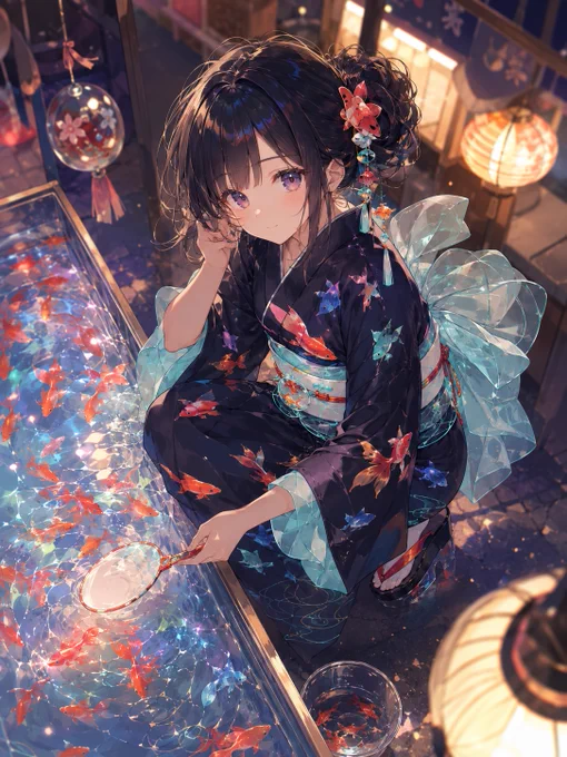【ネオン金魚レイヤード浴衣】黒藍の綿麻浴衣をベースに、右前の衿合わせ、浅いV字の合わせ衿、白い細パイピング、短めのおはしょり、裾に向かって広がる直線的な身頃、袖口の広い半幅袖、袖下に透けるクリア水色のオーガンジー袖裏を重ねる。浴衣全体には蛍光朱、淡い橙、ミント、水色の金魚シルエットを大柄ではなく散らし柄で配置し、裾だけ波紋の細線模様を入れる。帯は白の半幅帯の上にクリア水色の兵児帯を重ね、背面は大きな二重リボン、帯前には透明アクリルリング、朱色の丸紐、金魚鉢形の小さな帯留めを付ける。足元は白い足袋ソックス、黒藍の厚底下駄、朱色の鼻緒、透明ソール風の台を合わせる。