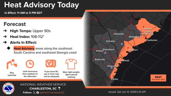 Map of the area, showing areas along the coast in southeast South Carolina and southeast Georgia are in a Heat Advisory today.
