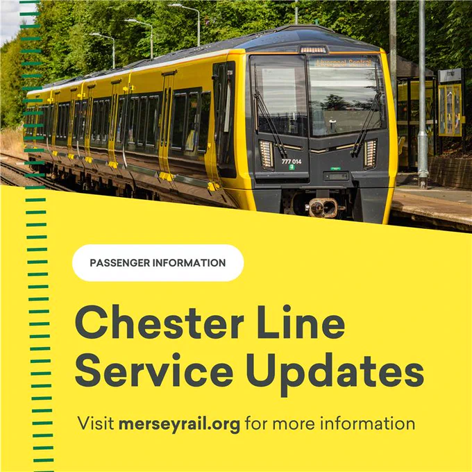 Informational graphic that has a photograph at the top showing a train pulling into a station on a bright sunny day, heading to Liverpool Central. 

The graphic also has a yellow banner at the bottom that reads "Passenger Information - Chester Line Service Updates - Visit Merseyrail.org for more information"