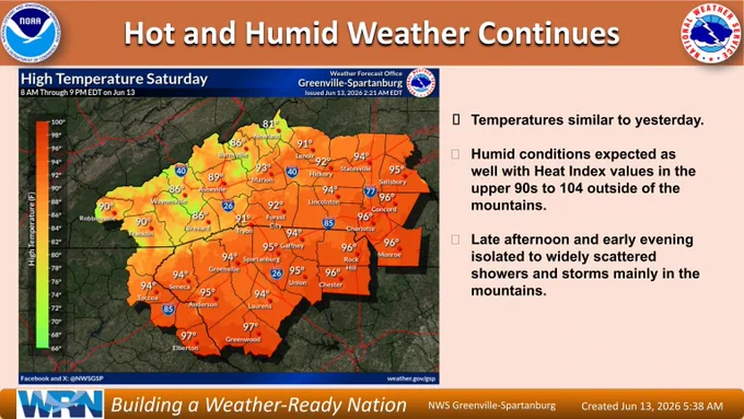 Hot and Humid Weather Continues. Map shows today's forecast highs, mainly in the 80s in the mountains and 90s in the Piedmont. Temperatures similar to yesterday.
Humid conditions expected as well with Heat Index values in the upper 90s to 104 outside of the mountains.
Late afternoon and early evening isolated to widely scattered showers and storms mainly in the mountains.