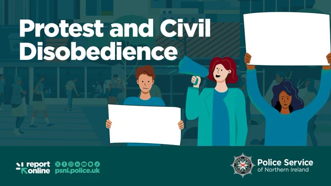 Illustration of people protesting with signs and a megaphone, with the title 'Protest and Civil Disobedience'.