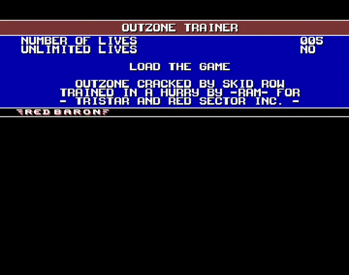 Screenshot of "Outzone" - Trainer ( 2): Tristar & Red Sector Inc. (TRSi) - Published by Lankhor on Commodore Amiga (1991)