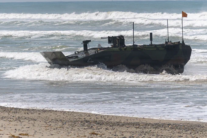 U.S. Marines with 3rd Assault Amphibian Battalion, 1st Marine Division, operate an amphibious combat vehicle during a mechanized raid course at Marine Corps Base Camp Pendleton, California, June 10, 2026. Expeditionary Operations Training Group, I Marine Expeditionary Force, hosts mechanized raid training to develop advanced tactical skills and maintain readiness for future deployments. (U.S. Marine Corps photo by Lance Cpl. Jordan Searls)