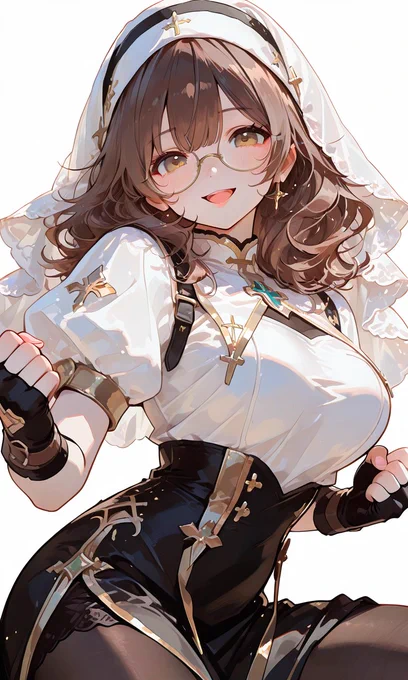 PixAI【Shiitake-Mix】girl,brown hair, medium hair, wavy hair,large breast,tareme,round glasses,white nun,veil,puffy short sleeves, slit skirt,gold trim, pantyhose,fingerless gloves,clenched hands,  smile, open mouth,looking at viewer, cowboy shot,fighting stance,  simplebackground,white background, masterpiece,high quality,high resolution,♡masterpiece, highest quality, ♡,748cmstyle,high-res, Fantasy Scene, 